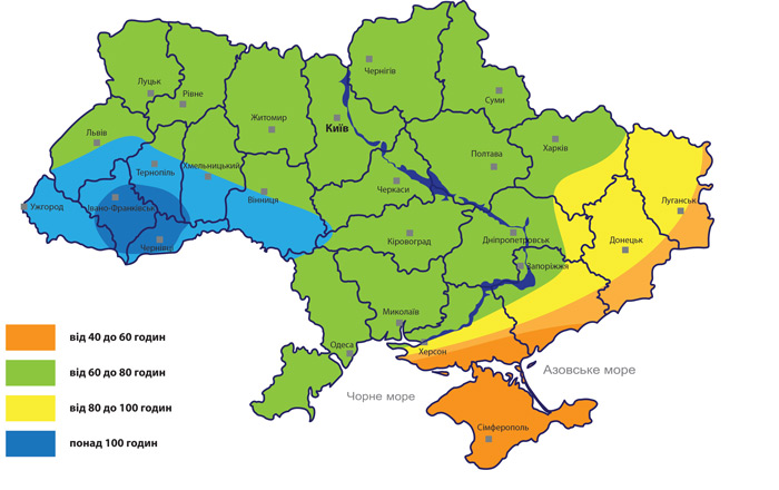 Карта средней продолжительности гроз в год в часах для территории Украины